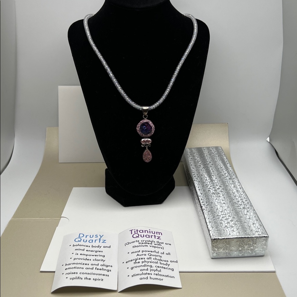 Elegant Drusy, Titanium & Rose Quartz Iridescent Crystal Mesh Tube Necklace NIB - Picture 6 of 17